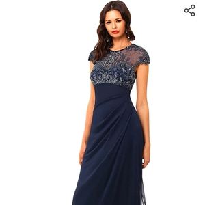 Short sleeve long sheer beaded dress